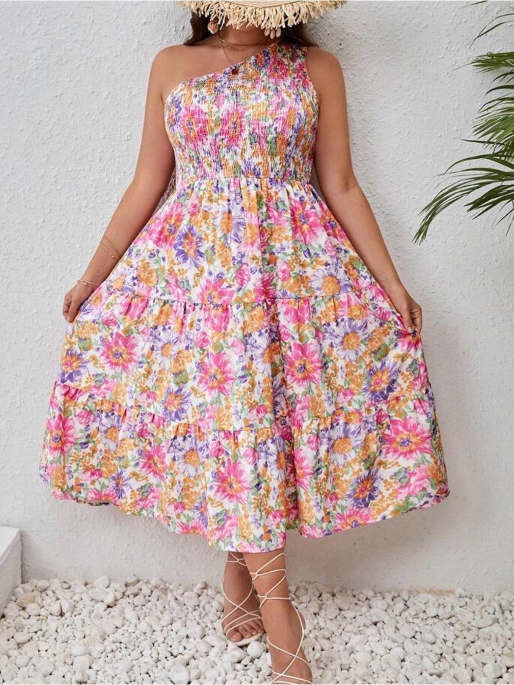 Pink, Purple & Yellow One-Shoulder Floral Midi Dress - 4X